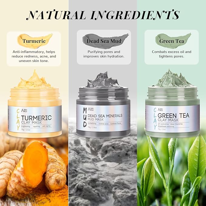 ANAI RUI 3 Pack Face Mask Gift Set,Christmas Facial Mask Set,Turmeric Clay Mask - Green Tea Mud Mask - Dead Sea Minerals Mud Mask Stocking Stuffers for Women &Teen Girl 2.5 oz each