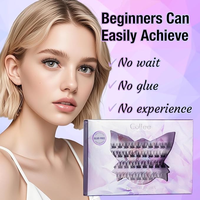 Gollee Self Adhesive Eyelashes 10-16mm | No Glue Needed Pre-Glued Lash Clusters | 48 Clusters Wispy Natural Look | Reusable Beginner Friendly No Residue