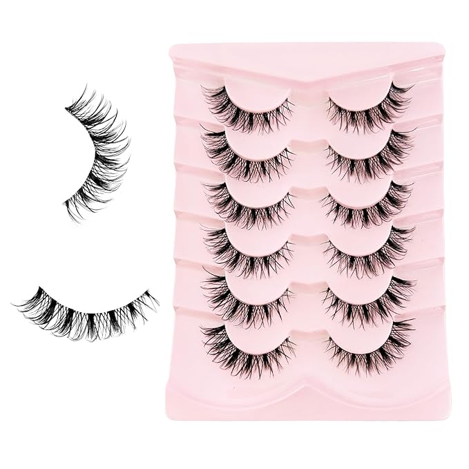 Wispy Lashes False Eyelashes Natural Look, Yasnai Cat Eye Lash Fake Lashes Volume Lashes, Natural Eyelash Strips Lashes Natural Eyelashes Clear Band 6 Pairs Pack