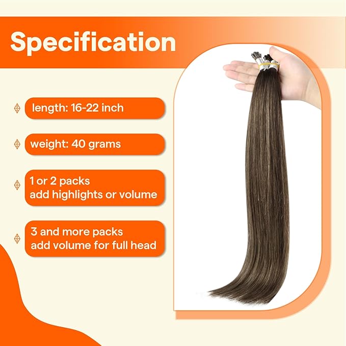Full Shine I Tip Hair Extensions Human Hair Color 2/8/2 Balayage Brown 22 Inch Itip Human Hair Extensions 50 Grams Pre Bonded Extensions Remy Hair for Wedding