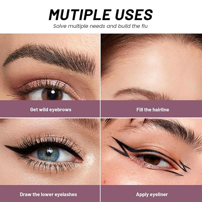 2-in-1 Curved Eyebrow Pen and Eyeliner with 10Pcs Brow Stencils, Microblading Eyebrow Pencil with 4 Fork-Tip and Curved Precise Tip, Waterproof and Long Lasting Eyebrow Pencils for Women, Dark Brown