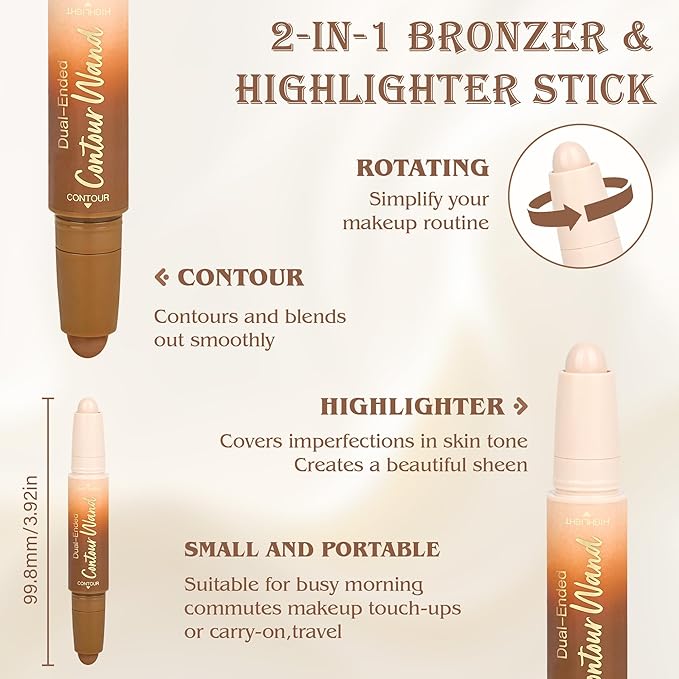 Contour Highlighter Stick，2in1 Dual-Ended Cream Bronzer&Highlighter Sticks for Face Body Contouring Makeup- Buildable，Waterproof, Easy to Apply Suitable for Beginners，05Nuetral Nude+Silver Shimmer