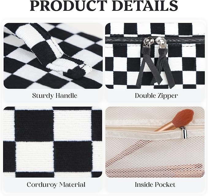 Prite Corduroy Large Travel Quilted Makeup Bag for Women Floral Cotton Cosmetic Bag Coquette Aesthetic Floral Toiletry Organizer Bag(Dark Checkerboard)