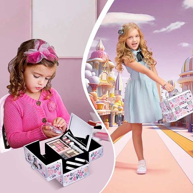 Joligrace Makeup Case for Girls Cosmetic Train Case Makeup Storage Box Jewelry Organizer Hair Accessories Lockable with Trays & Mirror Kids Gift Coloful Pink Unicorn