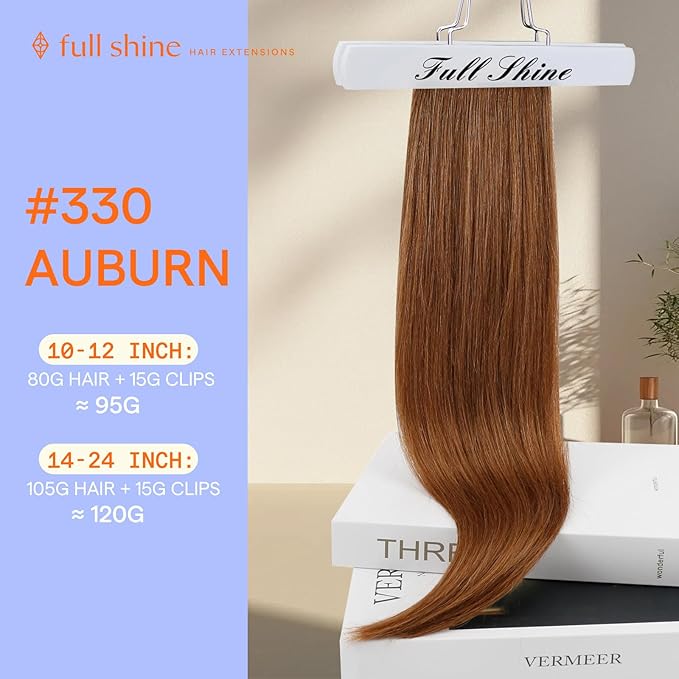 Full Shine Auburn Clip in Hair Extensions Human Hair 24 Inch Real Human Hair Extensions Clip ins Auburn for Long Hair for Sports 7 Pcs 120 G