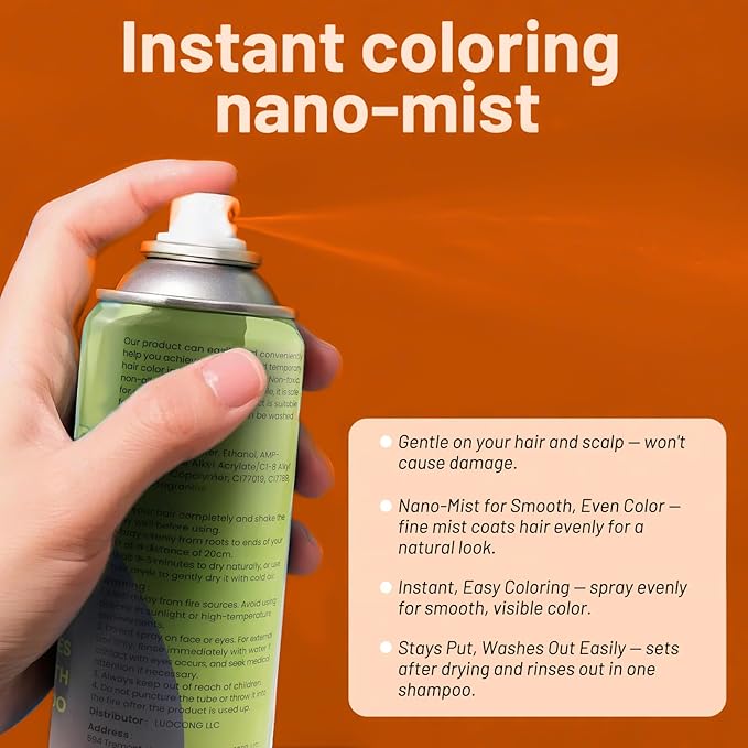 Orange Hair Spray, Temporary Hair Color Spray for Women Men– Safe Non Sticky Washable One Day Hair Dye Spray, Disposable Accessories Included, for Halloween Cosplay Party DIY Costume Pet Fun