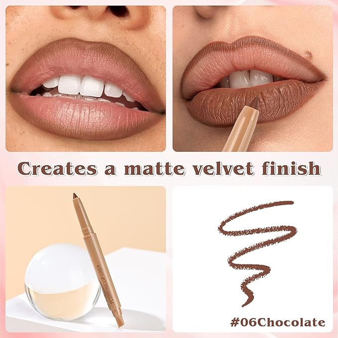 Matte Lip Liner, Plump Lipliner Pencil Crayon，Creamy Matte Finish with Silicone Smudger For Women, High-Pigment Smooth Formula for Sculpting &Contours Lip，Longwear，Lips Makeup，06#Chocolate