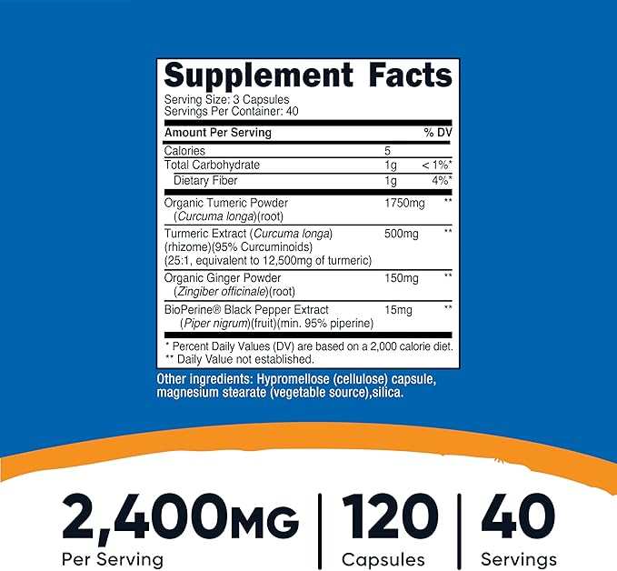 Nutricost Turmeric + Ginger Capsules with Bioperine, 2400mg Per Serving, 120 Capsules - GMO-Free, Gluten-Free, 40 Servings