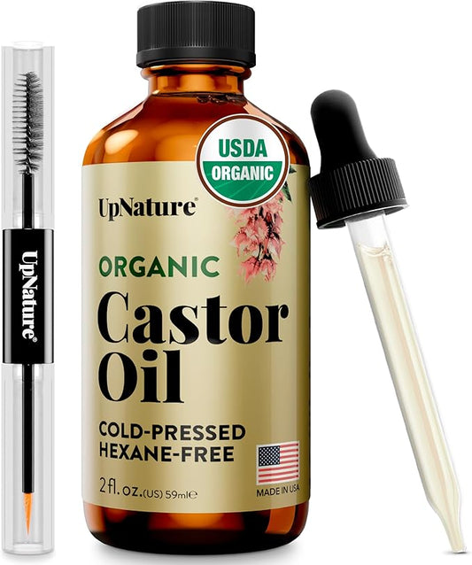 UpNature Organic Castor Oil Lash Serum for Eyelashes and Eyebrows Growth - 100% Pure Cold Pressed Hexane-Free (2oz Glass Bottle)