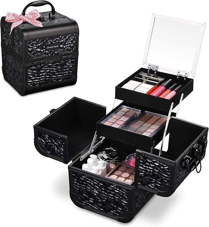 BYOOTIQUE Makeup Organizer Case with Mirror 2-Tier Trays Lockable Cosmetology Case Jewelry Storage box for Nail Tech Beauty Salon Barbershop Hairstylist,Mermaid Black