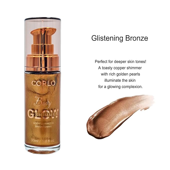 2 Pack Corlo Body Shimmer Oil Liquid Illuminator Highlighter Waterproof Long Lasting Moisturizing Bronze Luminizer Glow For Face Body (Glistening Bronze, 2pcs)