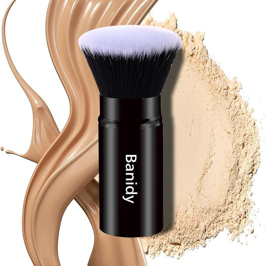 Makeup Brush Kabuki Face Brushes Retractable Travel Blush Brush Portable Flawless for Foundation, Powder Blush, Bronzer, Buffing, Liquid, Cream, Cruelty Free with Cover(Flat-Head)
