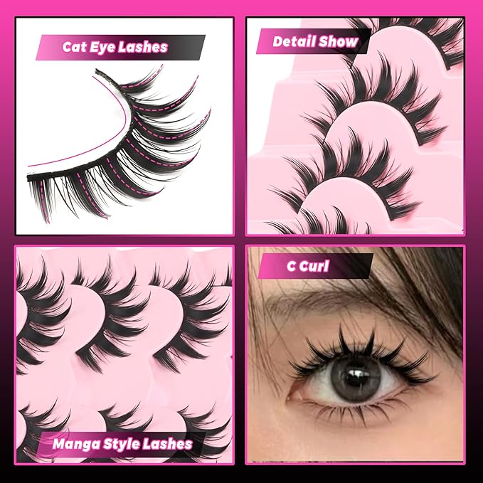 Veleasha Lashes Manga Eyelashes Spiky Eye Lashes Anime Lash 8D Doll Lash Natural Look Soft Wispy Fake Eyelashes 7 Pairs with Cotton Band (Cutes)