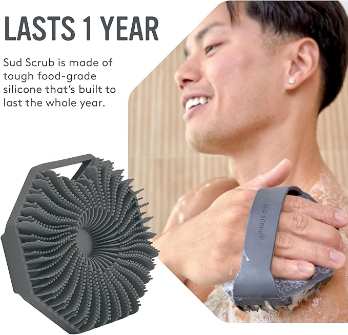Sud Scrub® Antimicrobial Silicone Body Scrubber, Exfoliating Body Scrubber for Sensitive Skin, Eco Friendly Shower Scrubber for Body, Silicone Body Brush for Showering, Charcoal