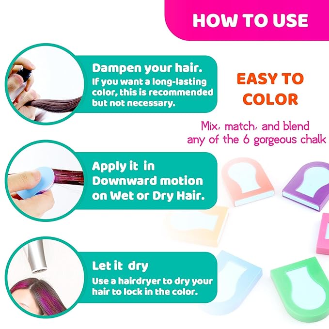 Hair Chalk for Kids – 8-Color Non-Sticky Washable Hair Dye for Kids – Hair Chalk for Girls with Dark Hair, Blonde – Vibrant Temporary Hair Color for Kids – Washes Out with Shampoo