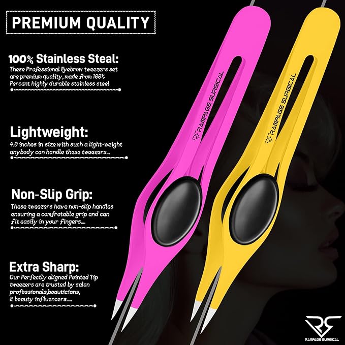Professional Eyebrow Tweezers Pointed Tip Stainless Steel 2,3xPcs Set, Non-Slip Grip Point Tip Tweezers for Facial Hair, Plucking Removing Ingrown Hairs, Tweezer for Women Men