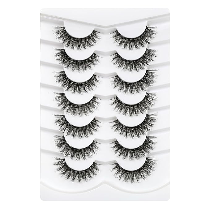 3D Clear Band Lashes 14mm Natural Soft Faux Mink Lashes C/D Curl Cat Eye Wispy Fake Eyelashes Short Cross Reusable False EyeLashes 7 Pairs (No.203)