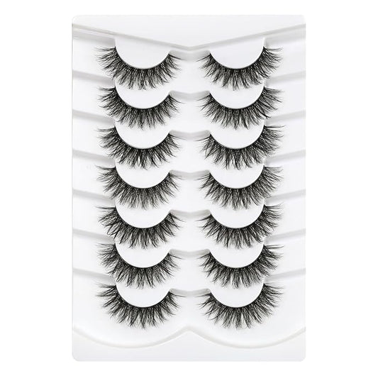 3D Clear Band Lashes 14mm Natural Soft Faux Mink Lashes C/D Curl Cat Eye Wispy Fake Eyelashes Short Cross Reusable False EyeLashes 7 Pairs (No.203)