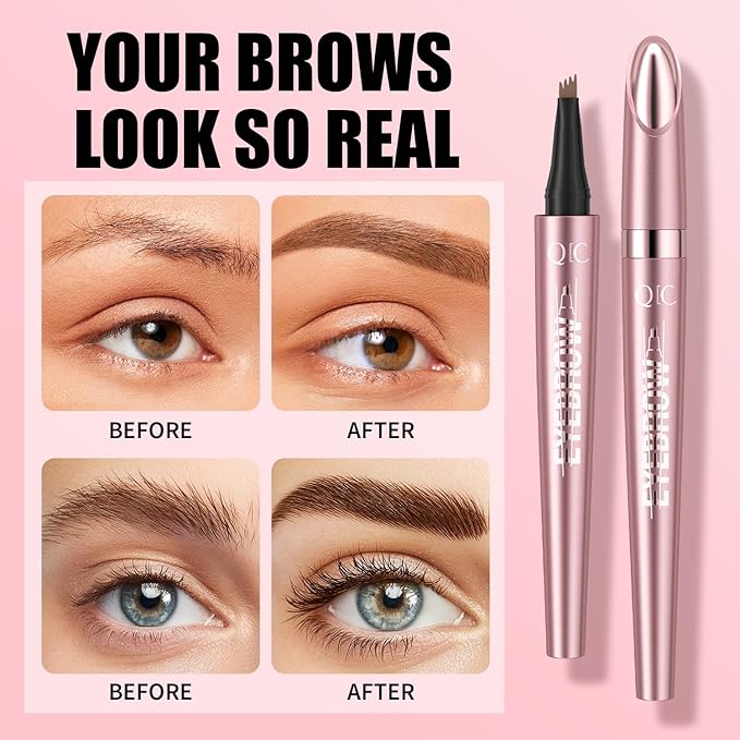 Microblading Eyebrow Pen,QIC Eyebrow 4 Tip Brow Pencil,Long-Lasting Natural Eyebrow Hair,Waterproof Magic Eyebrow Pencil Eyebrow Brush(Brown)