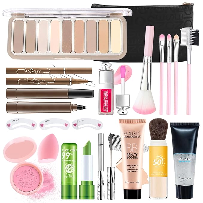 All in One Makeup Kit for Women,Makeup Gift Set Includes Eyeshadow Palette,Blush,Loose Powder,BB Cream,Primer,Eyebrow Pen and Tencils,Mascara,Eyeliner,Lipstick,Lip Oil,Makeup Sponge Brush and Bag,14P