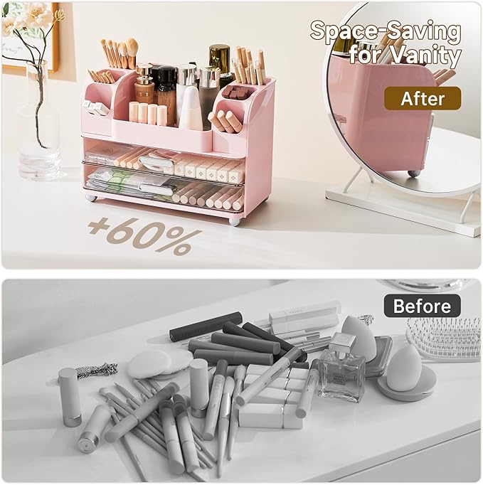 Makeup Organizer for Vanity with 2 Large Drawers, Cosmetic Display Case with Brush Holders, Easy to Storage for Bathroom Countertop Skincare, Desk Office Supplies, Pink