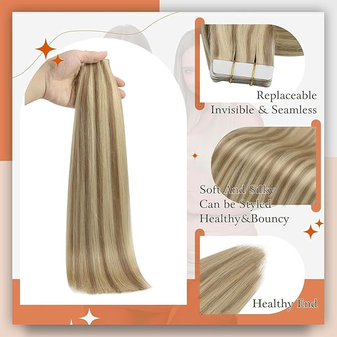 Full Shine Tape in Hair Extensions Real Human Hair 22Inch Color 16 Highlighted 22 Blonde Hair Extensions Tape in 50Gram Pu Tape ins Human Hair Seamless Skin Weft Extension Natural Hair 20Pcs