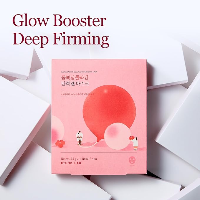 ROUND LAB Camellia Collagen Mask, 30min Hydrogel Mask, Quick Hydration, Firming&Pore Minimizing, For sensitive skin, Micro molecule collagen, Facial Mask, 34 g/1.19 Fl Oz 4ea