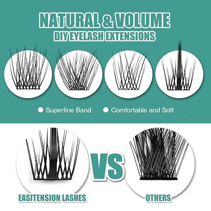 DIY Eyelash Extension, 3D Effect Glue Bonded Band Individual Lash 48 Clusters Volume Lashes Set, Home Eyelash Extension, C curl Lashes Pack 14MM-Spikes-48 Clusters