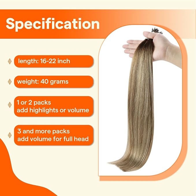 Full Shine Itip Human Hair Extensions 18 Inch Color 3 Dark Brown to 8 Ash Brown and 22 Light Blonde Natural Straight I Tip Hair Extensions Human Hair for Women 40 Grams