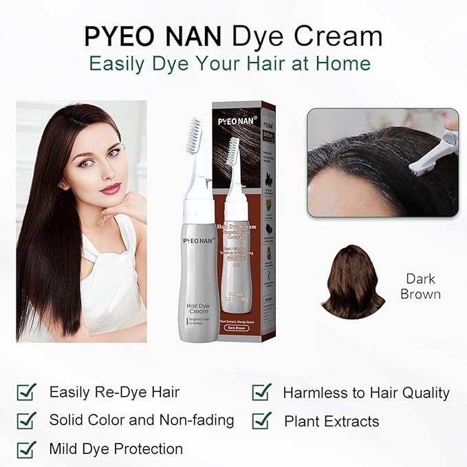 Natural Plant Extracts Unisex Hair Dye Cream, Targeted Gray Coverage, Root/Sideburns Touch-up & Full dyeing, without Blending, 2-in-1 Grey Coverage & Haircare (Dark Brown, 1 Count)