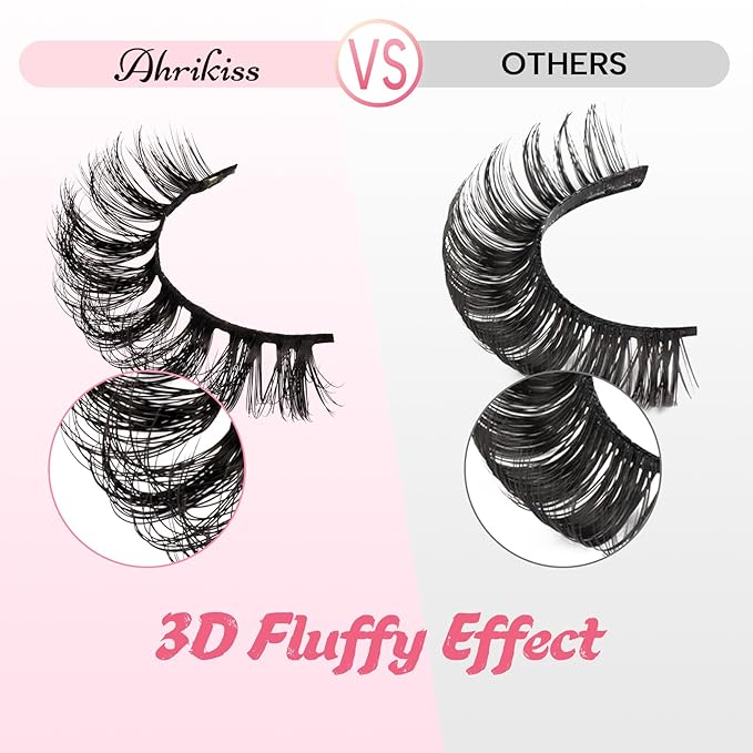 Ahrikiss Russian Strip Lashes That Look Like Extensions D Curl Fluffy False Eyelashes 10 Pairs Wispy Natural Fake Lashes Pack Fluffy 3D Volume Fake Lashes (D02)