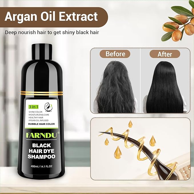 Black Hair Dye Shampoo for Women & Men, Gray Hair Coverage, 3-in-1 Hair Color Shampoo