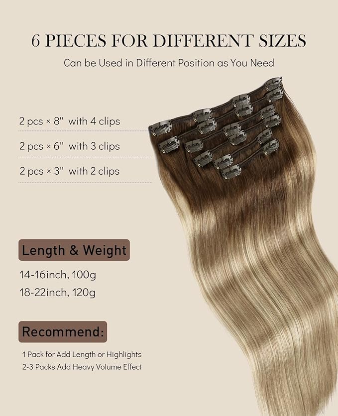 VINBAO Clip in Hair Extensions Human Hair Balayage Color 3 Fading to 8 and Highlight 22 Blonde Hair Extensions Clip in Hair Hair for Women 6pcs 100 Gram 16 inch Double Weft (#3/8/22, 16'')