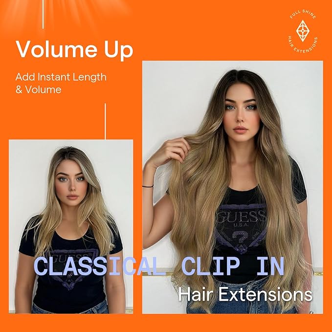 Full Shine Clip in Hair Extensions Human Hair Balayage 24 Inch Ombre Dark Brown to Light Brown Mix Caramel Blonde Long Human Hair Clip in Extensions for Women 7 Pcs 120 G