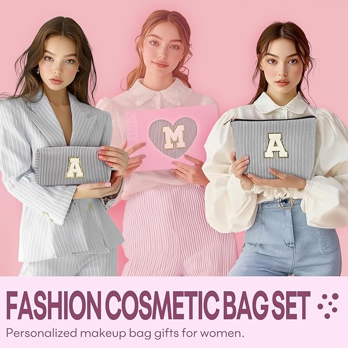 2 PCS Initial Makeup Bags for Women: Cosmetic Bag for Travel Toiletry - Birthday Gifts for 11 12 13 14 15 16 17 18 Years Old Girl Graduation Teacher Gift- Teen Girl Gifts Trendy Stuff - Black K