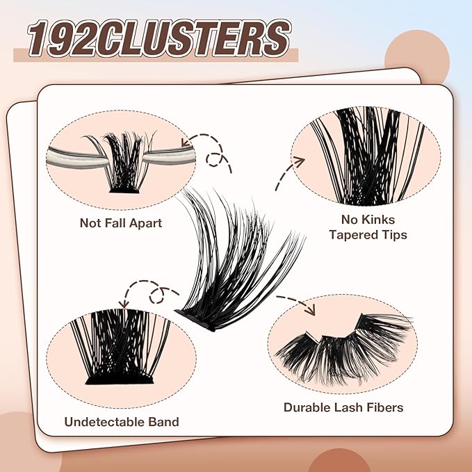 Lash Clusters Kit, DIY Cluster Eyelash Extensions 10‑20mm, 80D+100D, 192pcs Fluffy D Curl Natural Lashes with Bond & Seal,Tweezers–Fake Cat Eye Individual Clusters
