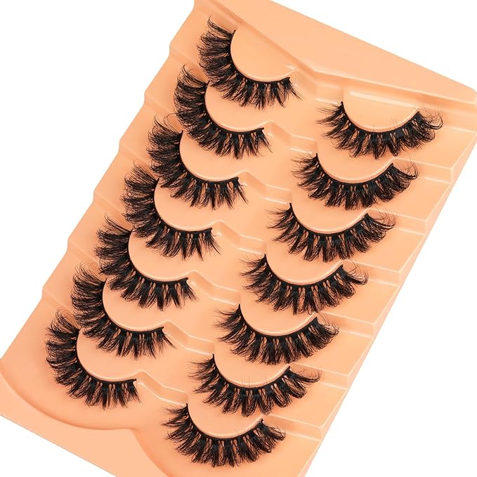 Kiromiro Lashes Mink False Eyelashes D Curl Fake Lashes Volume Cat Eye Lash Fluffy Wispy Lashes 18mm Thick Strip Eyelashes Pack, 7 Pairs