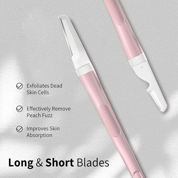 Dermaplane Razor for Women Face, Precision Face Razors for Women, Dermaplaning Tool, Gentle Exfoliation, Facial Hair Removal and Perfectly Shape Brows, Reusable Metal Handle with 4 Microblades, Pink