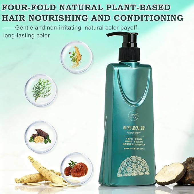 Mild Formula Long Lasting Hair Dye Set, Nourishing Plant-Based Hair Color, New Natural Hair Color Shampoo for Gray Hair Cover up, Single Step Herbal Single Agent Floral Dye (210ML, Natural Black)