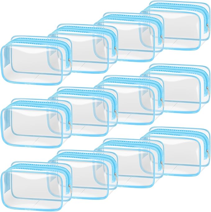TISRATOK 12 PCS Clear Makeup Bag for Women with Zipper, TSA Approved Toiletry Pouch, Cosmetic Bag Bulk for Travel Organizer Essentials - Blue,Small
