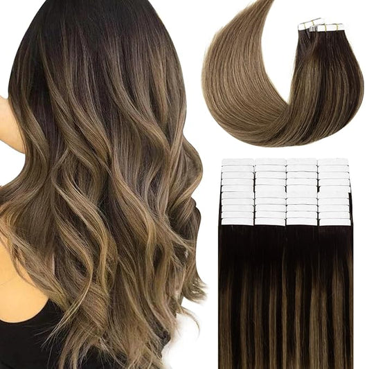 Lacer Natural Hair Extensions Remy Tape in Human Hair Extensions Balayage Seamless PU Skin Weft 100% Real Virgin Hair Ombre Darkest Brown to Chestnut Brown Color 100g 40pcs/set 22 Inch