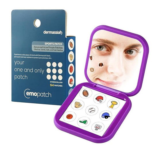 Acne Pimple Patches for Face 54 Count with Mirror Case for Day & Night Use - Hydrocolloid Pimple Pads, Emoji-Themed Blemish Dots, Clear Skin Treatment (Sports)