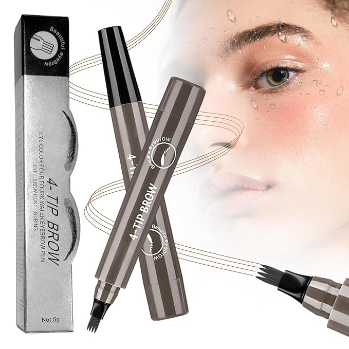 Microblading Eyebrow Pencil, 2025 Upgraded Waterproof Four-tip Beard and Eyebrow Pen, Long Lasting 3D Eye Brow Pencils for Women Natural Hair-Like Strokes (Gray)