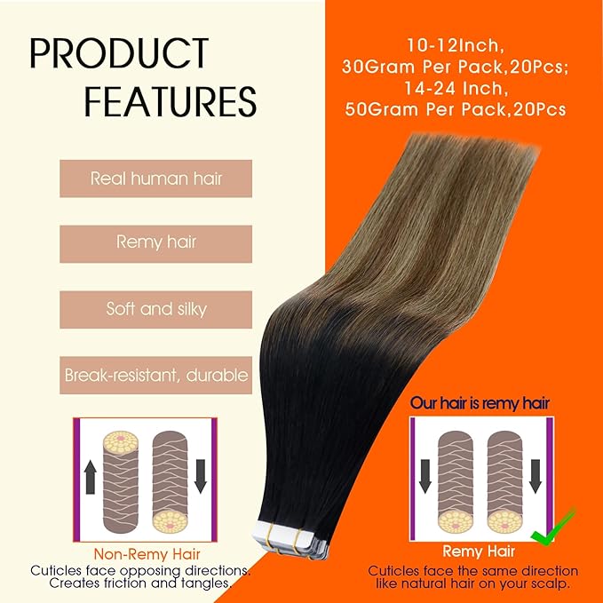 Full Shine Black And Blonde Tape in Hair Extensions Human Hair 14Inch Tape in Extensions Black To Brown Mixed Blonde Tape ins Human Hair Extensions Seamless Skin Weft Straight Remy Hair 50G 20Pcs