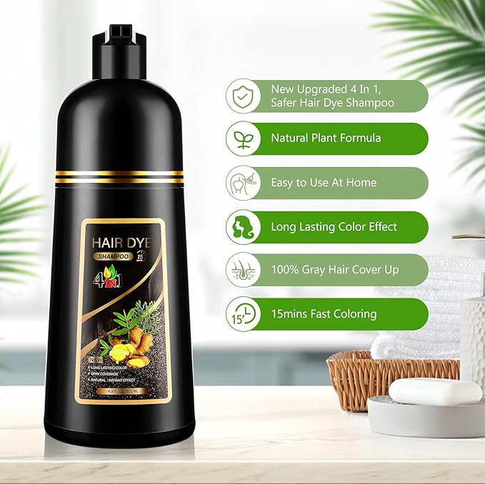 4 in 1 Hair Dye Shampoo for Gray Hair, Semi-Permanent Instant Chestnut Brown Hair Color Shampoo for Women and Men, Herbal Ingredients Hair Care, 100% Grey Coverage 500ml