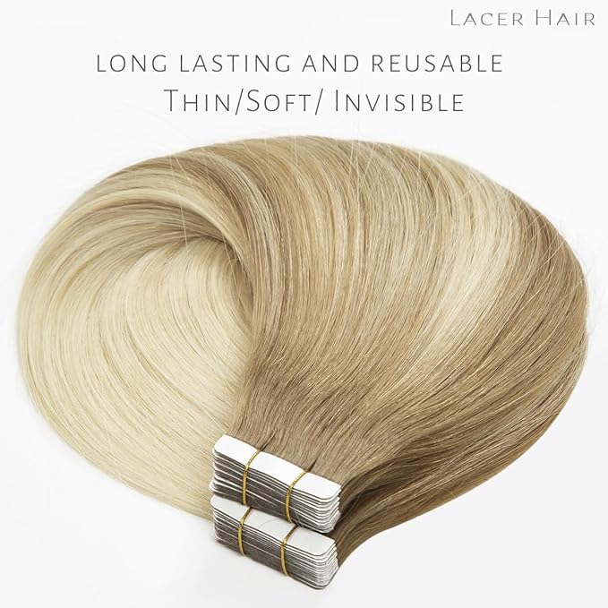 Lacerhair Natural Hair Remy Tape in Human Hair Extensions Dip Dyed Balayage #8/60 Light Brown to Platinum blonde Seamless PU Skin Weft 100% Real Virgin Invisible Hair Double Side 50g 20pcs/set 22 inch