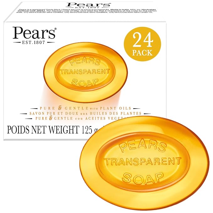 Pears Glycerin Soap, Transparent Amber with Natural Oils, 24-Pack – Pure & Gentle Cleanser for Soft, Glowing Skin, 4.4 Oz Ea