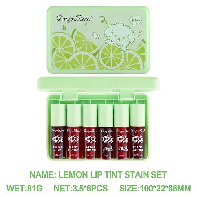 Eakroo 6 Colors lemon Lip Tint Stain Set, Korean Velvet Lip Stain Lip Gloss Lip Tint Stain, Liquid Lipstick for Women, Lip Stain Long Lasting Waterproof, Non-Stick Cup, High Pigment, Vivid Color