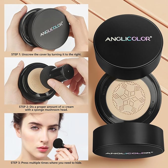 Anglicolor Mushroom Head Air Cushion CC Cream Full Coverage,Face Makeup Cushion Foundation Long Lasting,BB Cream Even Skin Tone for Oily & Combination Types (#01 Porcelain)