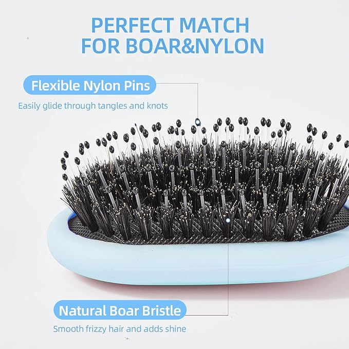 Boar Bristles Hair Brush for Women Men and Kids, Detangling Hair Brush for Smoothing Massage Add Shine, Nylon&Boar Bristles brush for Hair Healthy, Easy to Storage(Blue)